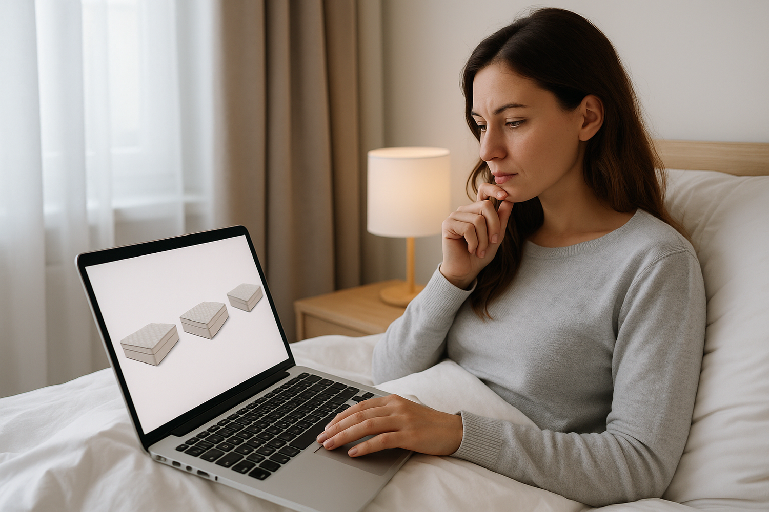 mujer sentada en la cama viendo opciones de colchones