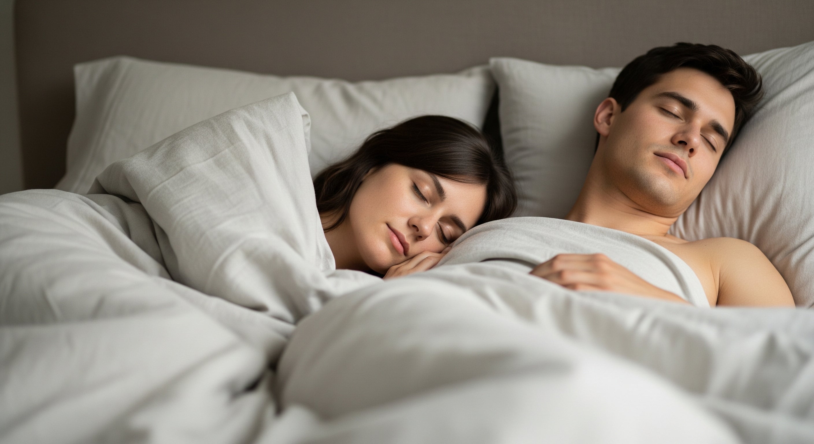 Pareja durmiendo en un colchón de dos plazas, de la marca sommistore, con ropa de cama blanca