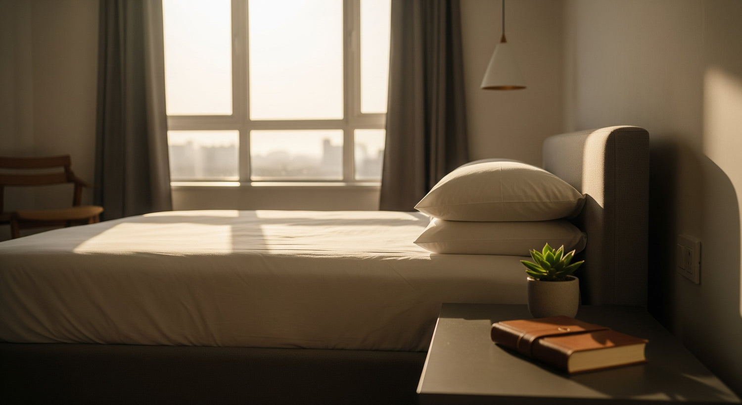 cama con colchon queen size en una habitación, que le entra la luz.