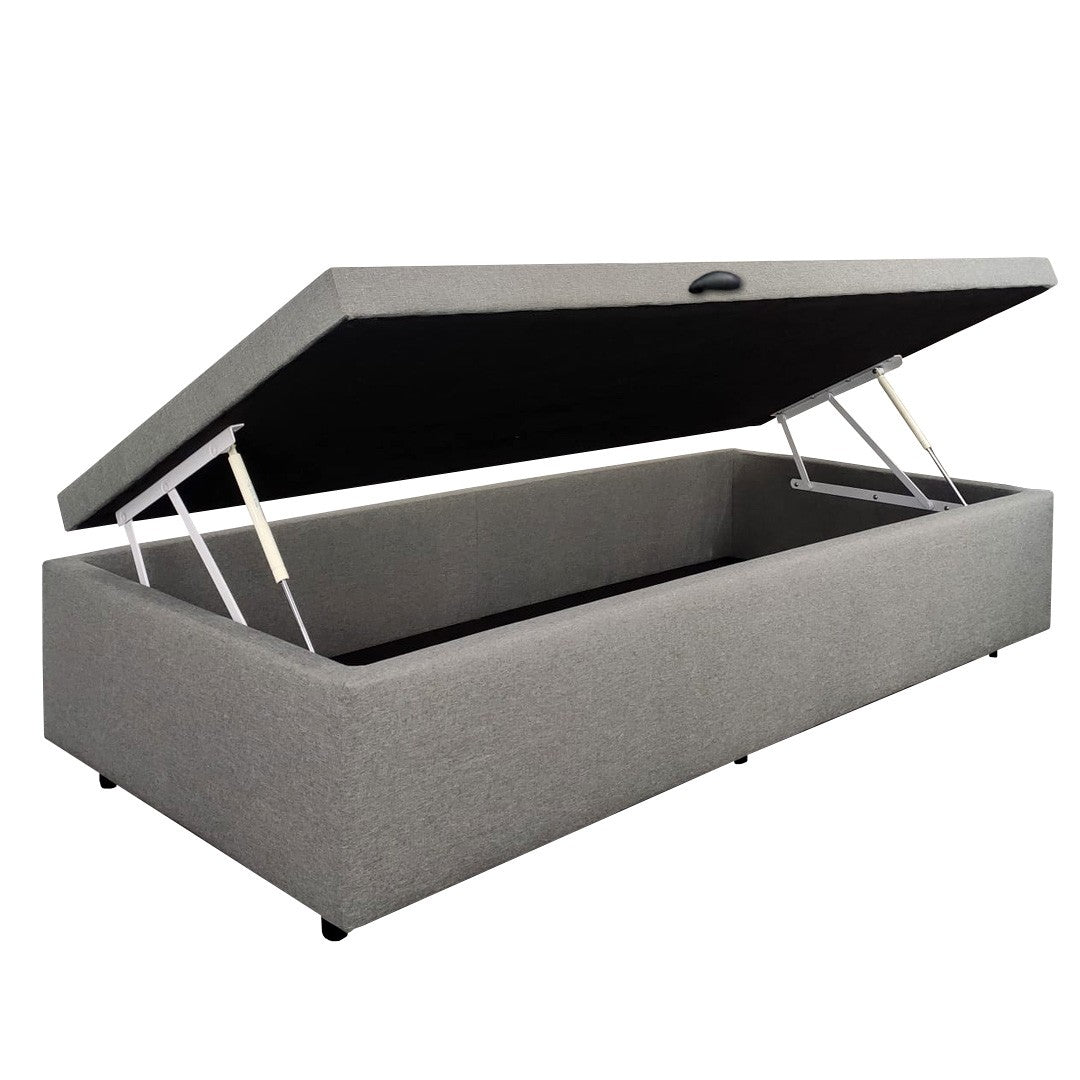 Cama baul 1 plaza Size tapizada en lino, diseñada para combinar confort, elegancia y funcionalidad. Cuenta con amplio espacio de almacenamiento integrado, ideal para guardar ropa de cama, mantas y otros objetos, optimizando el espacio del dormitorio con un diseño moderno y practico.