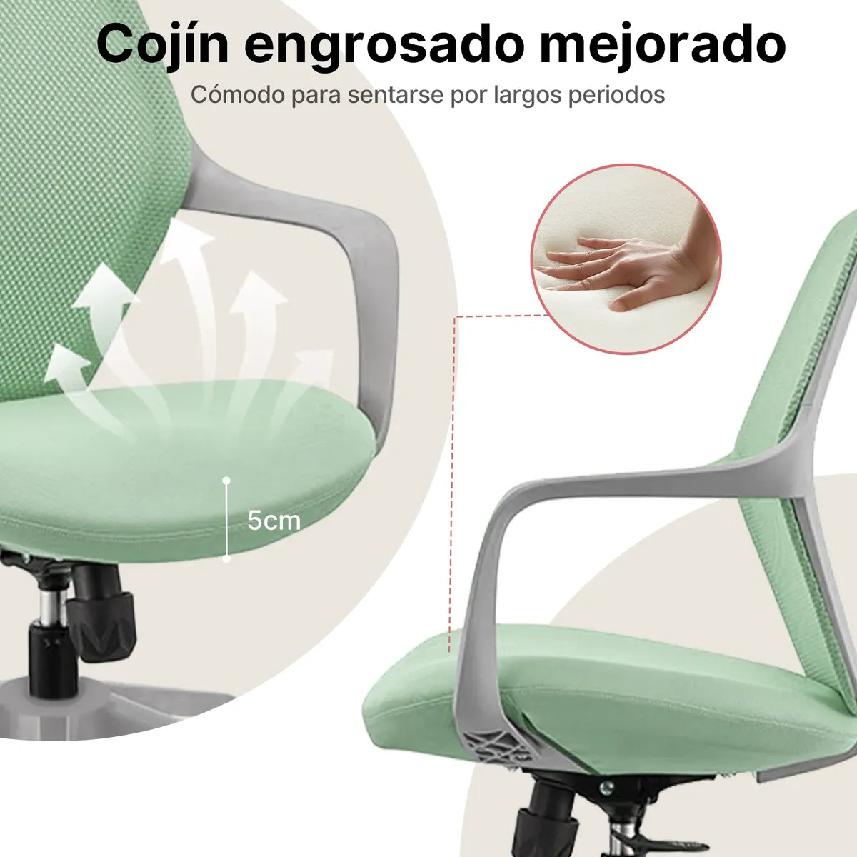 Asiento acolchado de alta densidad de la silla ErgoLife para brindar comodidad durante largas horas de trabajo.