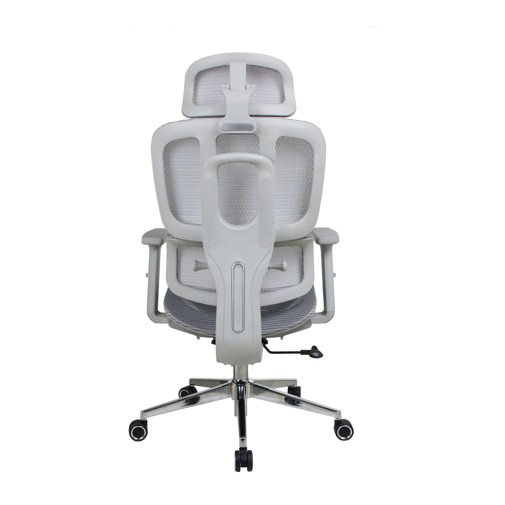 Parte trasera de la silla de oficina ErgoPro Gris 4 con respaldo de malla transpirable y estructura ergonómica.