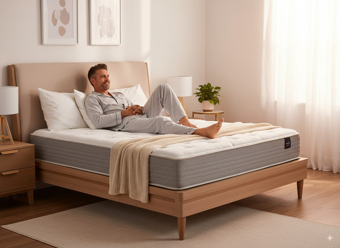 hombre recostado sobre colchon de dos plazas queen posture pocket firm