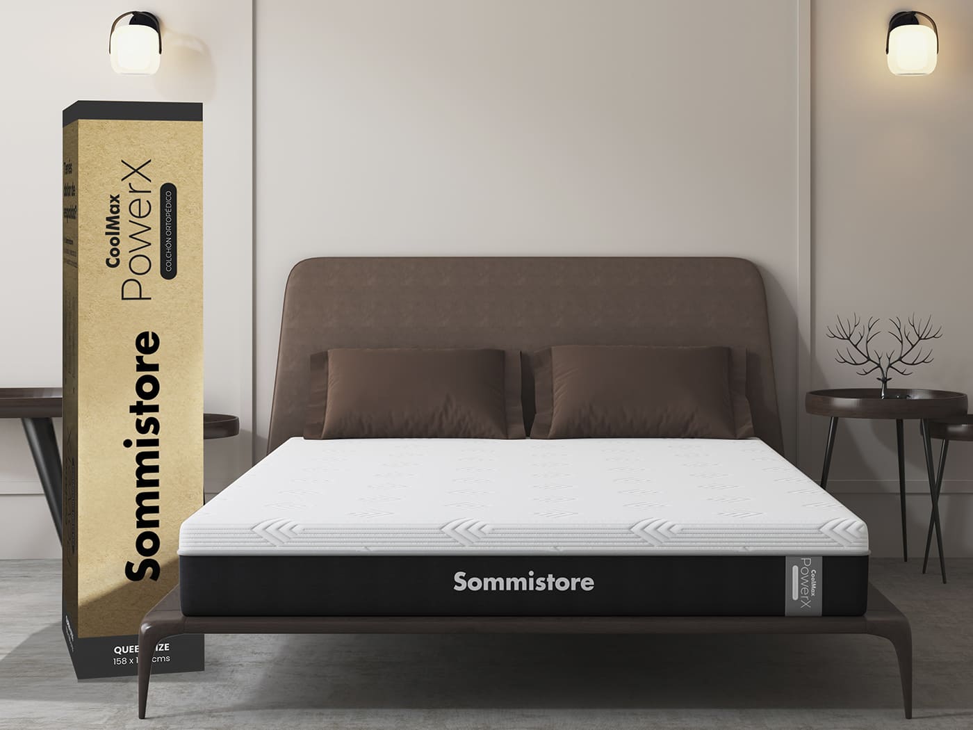 Colchón en caja CoolMax PowerX Sommistore® con tecnología ortopédica y espuma de alta densidad para una mejor postura al dormir.
