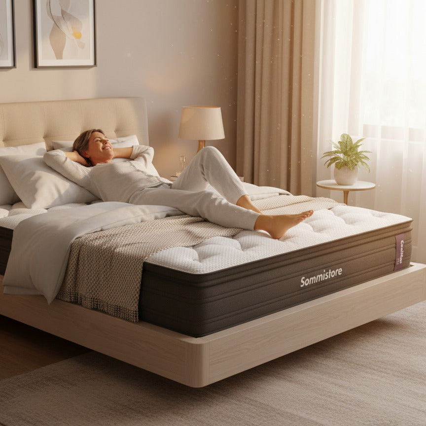 Colchón y Sommier CoolMax Soft Sommistore® de línea hotelera, con tecnología suiza, resortes Pocket independientes, espumas de alta densidad, látex y espuma viscoelástica para un descanso premium y confortable.