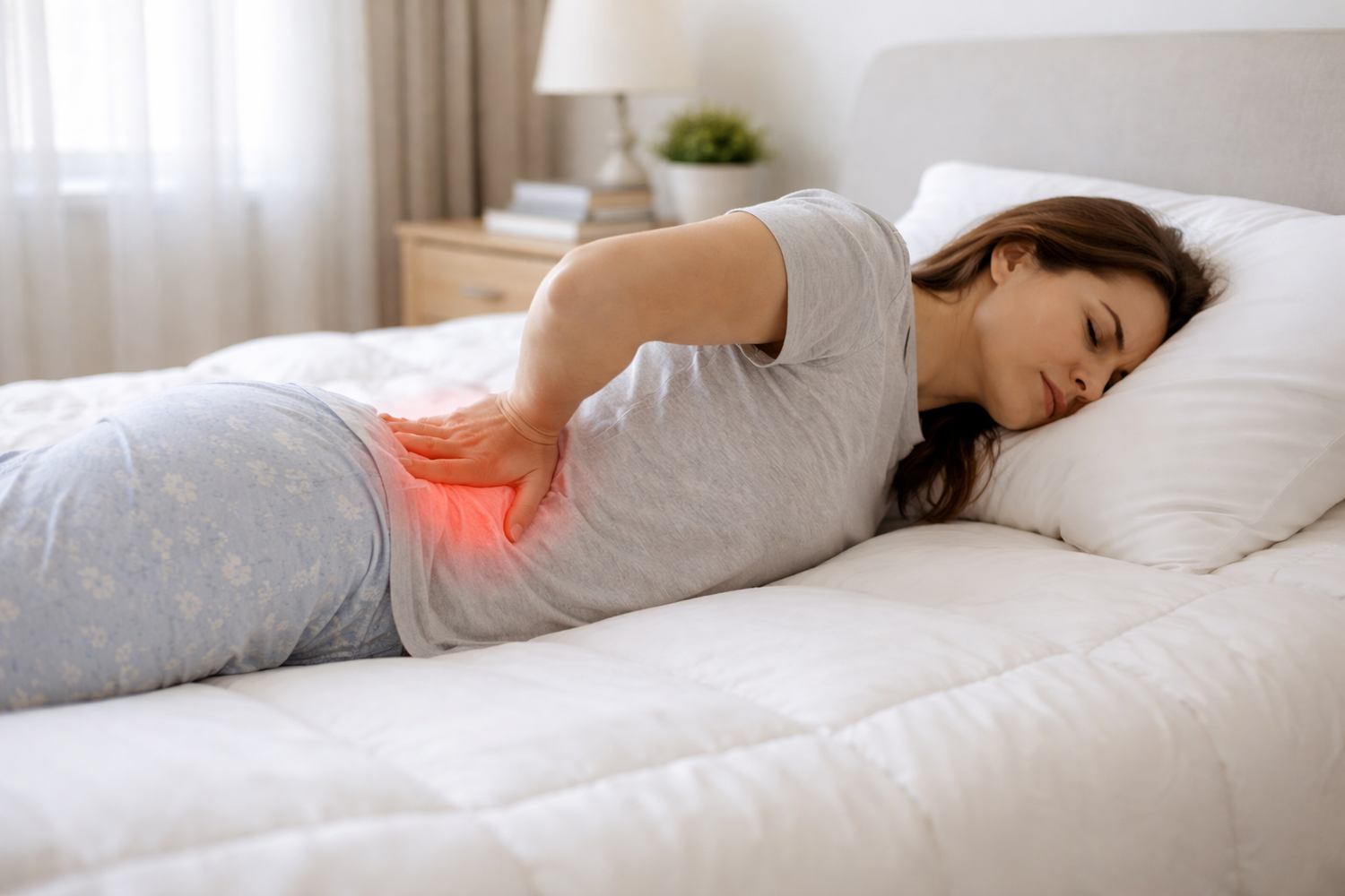 colchon ideal para dolor de espalda. Mujer sobre cama, relajada despues de acostarse sobre un colchon con ropa de cama blanca