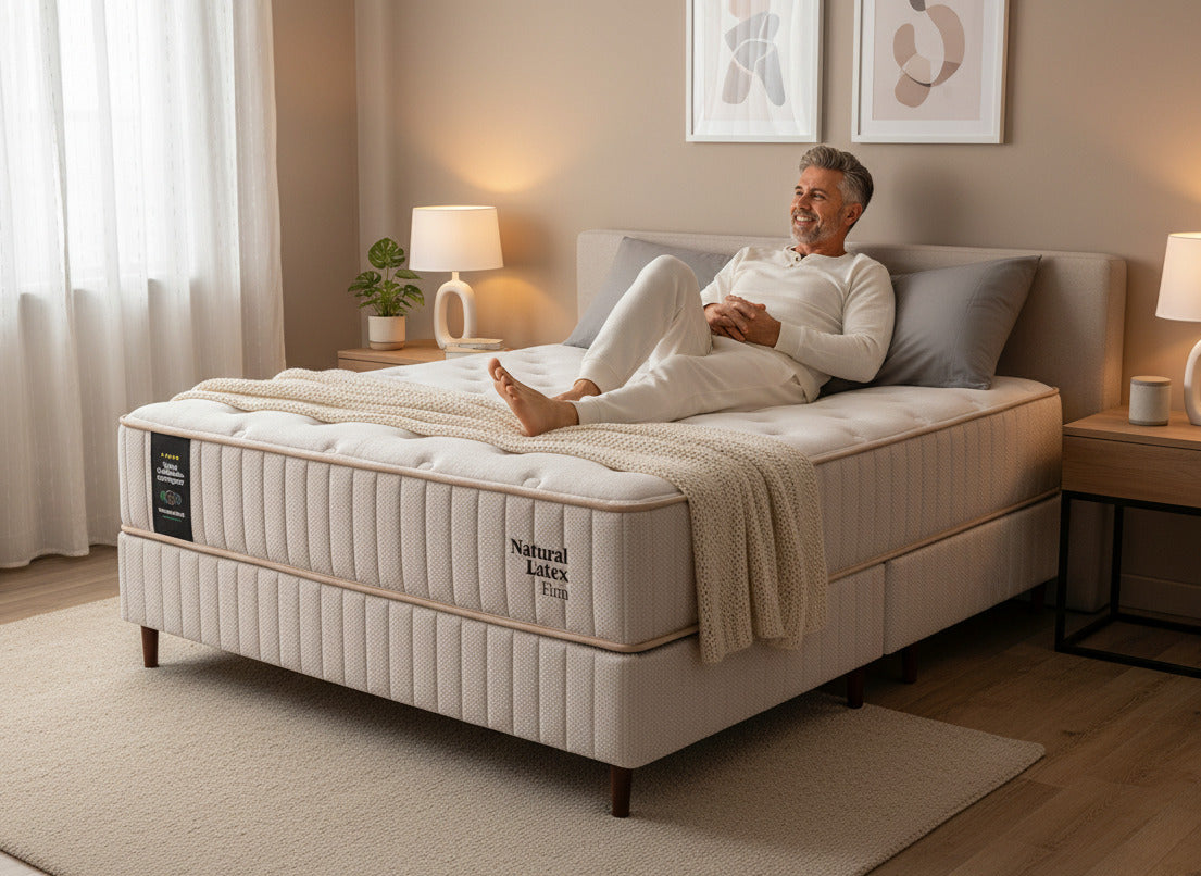Colchon y sommier Natural Latex Firm Sommistore® en Uruguay, desarrollado con latex natural, resortes Pocket independientes y espumas de alta densidad para ofrecer soporte ergonomico, firmeza equilibrada, independencia de movimiento y una experiencia de descanso confortable. Disponible en medidas 2 plazas, Queen y King.