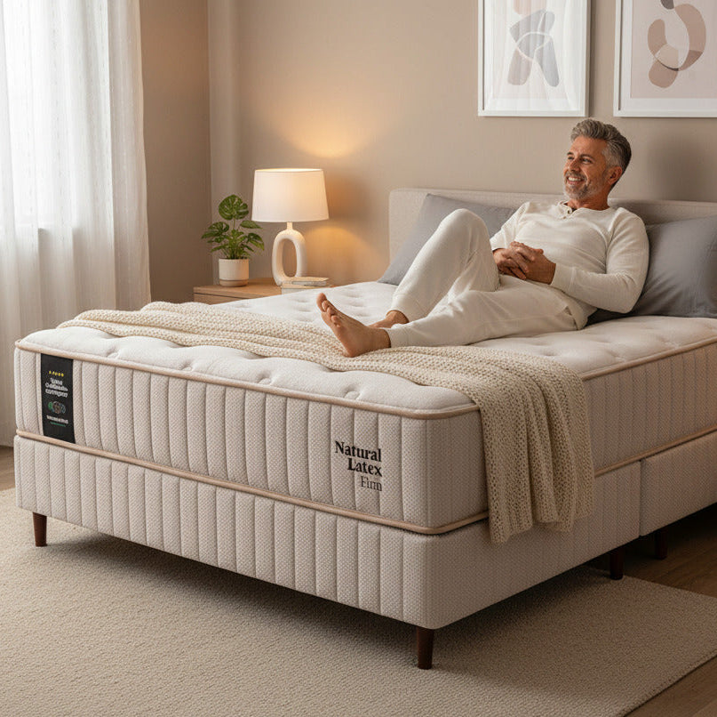 Colchon y sommier Natural Latex Firm Sommistore® en Uruguay, desarrollado con latex natural, resortes Pocket independientes y espumas de alta densidad para ofrecer soporte ergonomico, firmeza equilibrada, independencia de movimiento y una experiencia de descanso confortable. Disponible en medidas 2 plazas, Queen y King.