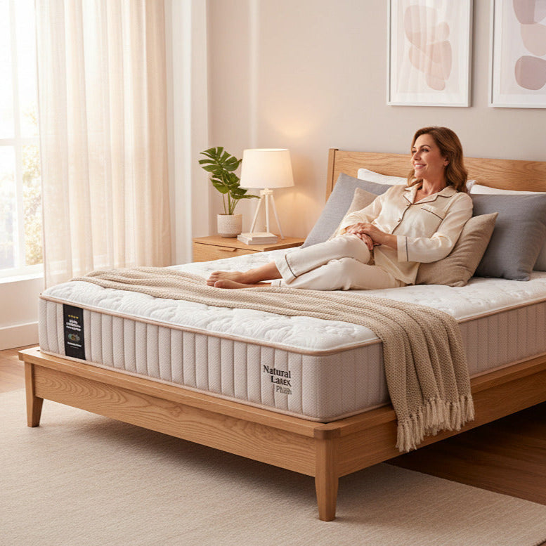 Colchon Natural Latex Plush Sommistore® en Uruguay, fabricado con resortes Pocket independientes, latex natural y espumas de alta densidad para brindar una sensacion de suavidad superior, excelente adaptacion al cuerpo, independencia de movimiento y una experiencia de descanso premium. Disponible en medidas 2 plazas, Queen y King.