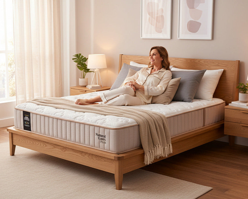Colchon Natural Latex Plush Sommistore® en Uruguay, fabricado con resortes Pocket independientes, latex natural y espumas de alta densidad para brindar una sensacion de suavidad superior, excelente adaptacion al cuerpo, independencia de movimiento y una experiencia de descanso premium. Disponible en medidas 2 plazas, Queen y King.
