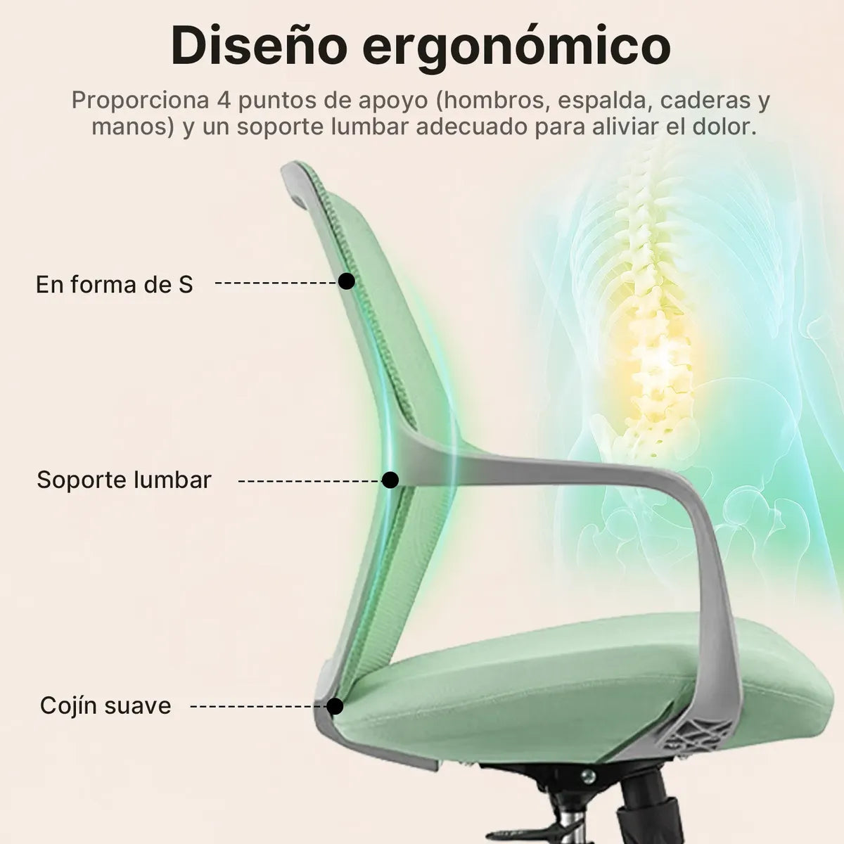 Soporte lumbar ergonómico de la silla de oficina ErgoLife diseñado para mejorar la postura y reducir la fatiga.