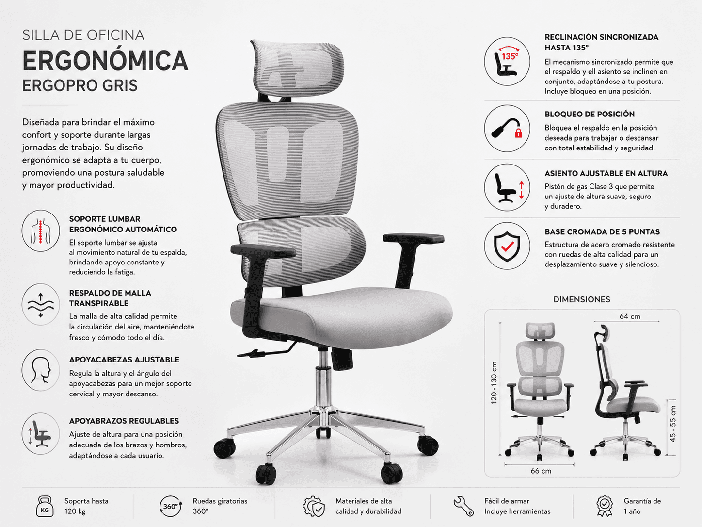 Silla de Oficina Ergonómica ErgoPro® GEN 3 (Gris)