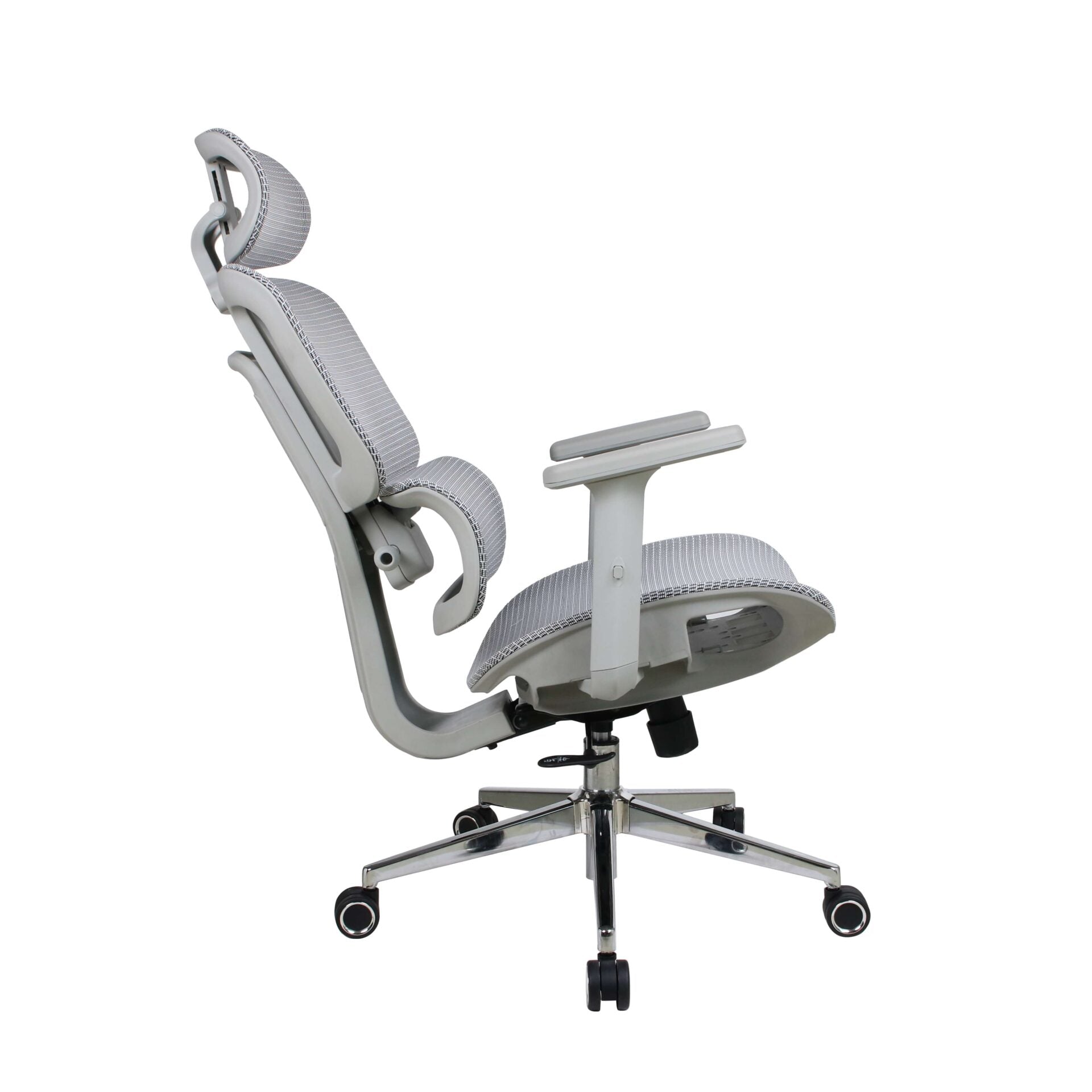 Perfil lateral de la silla ergonómica ErgoPro Gris 4 mostrando su respaldo curvo y asiento acolchado.