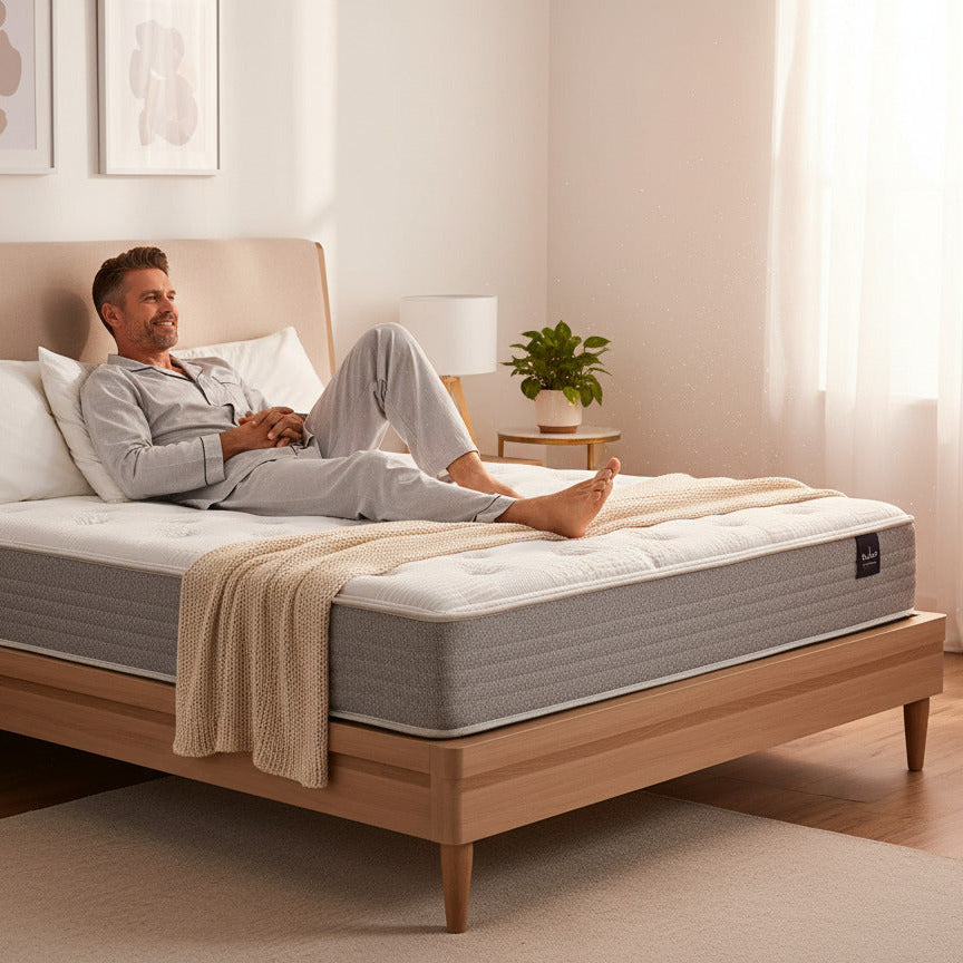 hombre recostado sobre colchon de dos plazas queen posture pocket firm