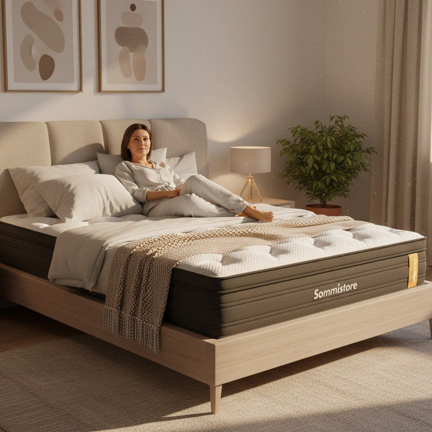 Conjunto CoolMax Medium Sommistore® fabricado con tecnología suiza, espumas de alta densidad y resortes Pocket independientes.