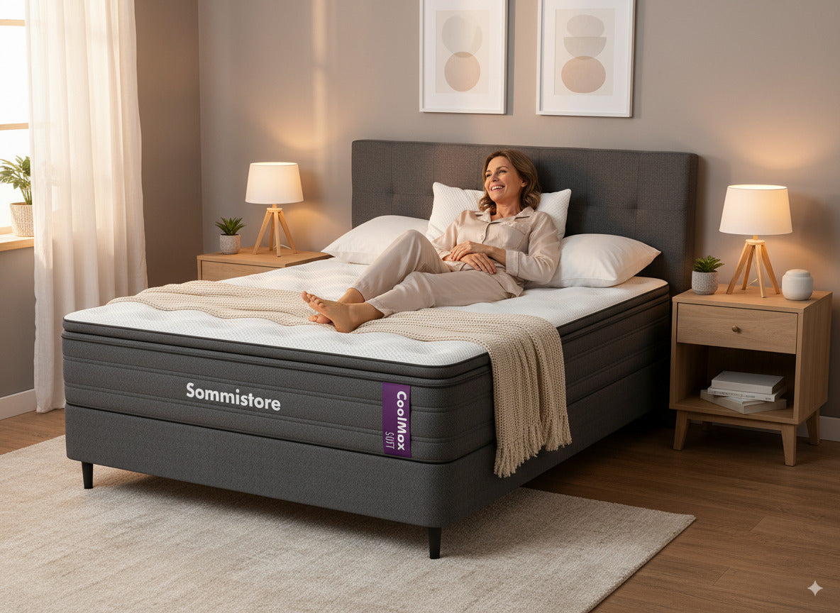 Colchón y Sommier CoolMax Soft Sommistore® de línea hotelera, con tecnología suiza, resortes Pocket independientes, espumas de alta densidad, látex y espuma viscoelástica para un descanso premium y confortable.