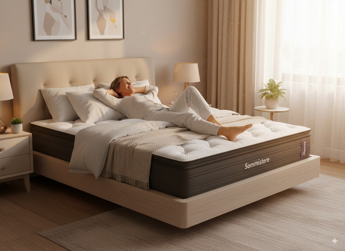 Colchón y Sommier CoolMax Soft Sommistore® de línea hotelera, con tecnología suiza, resortes Pocket independientes, espumas de alta densidad, látex y espuma viscoelástica para un descanso premium y confortable.