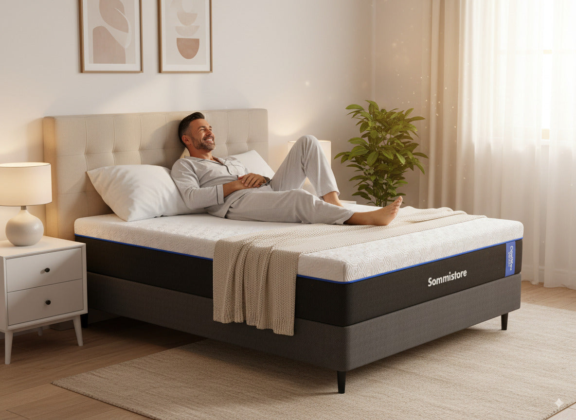 Colchón y Sommier Ortopédico CoolMax Recovery de Espuma de Alta Densidad Sommistore® en Uruguay, ideal para quienes buscan un colchón firme, soporte para la columna y mayor confort al dormir, especialmente para personas con molestias de espalda.